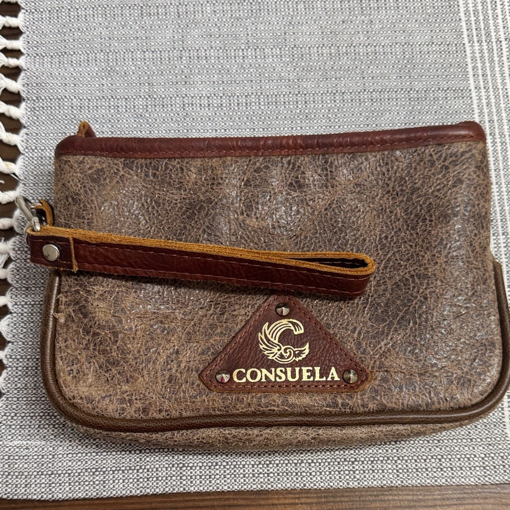 Consuela Brown and Tan Leather Wristlet Clutch
